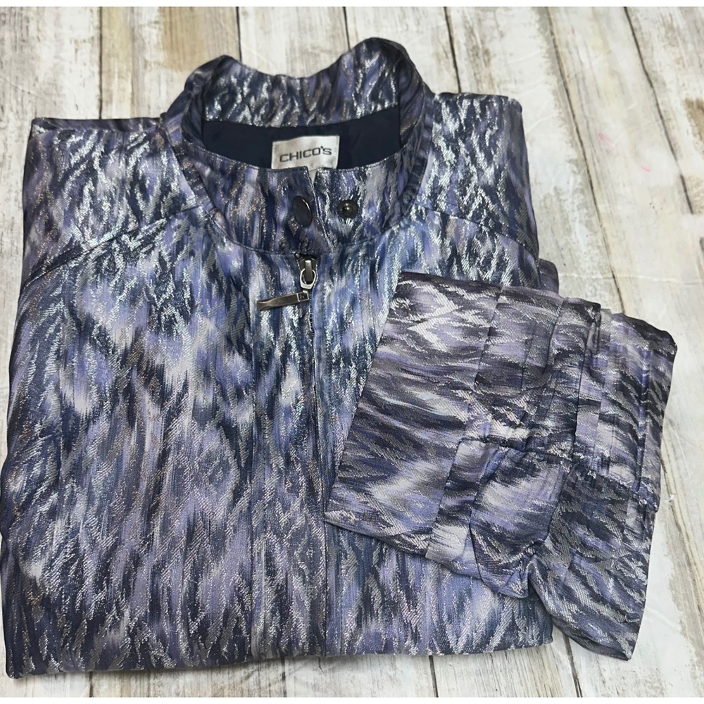 Chicos Metallic Print Zip Front Jacket Purple Silver 3/4 Sleeve Size 1(U.S.8)